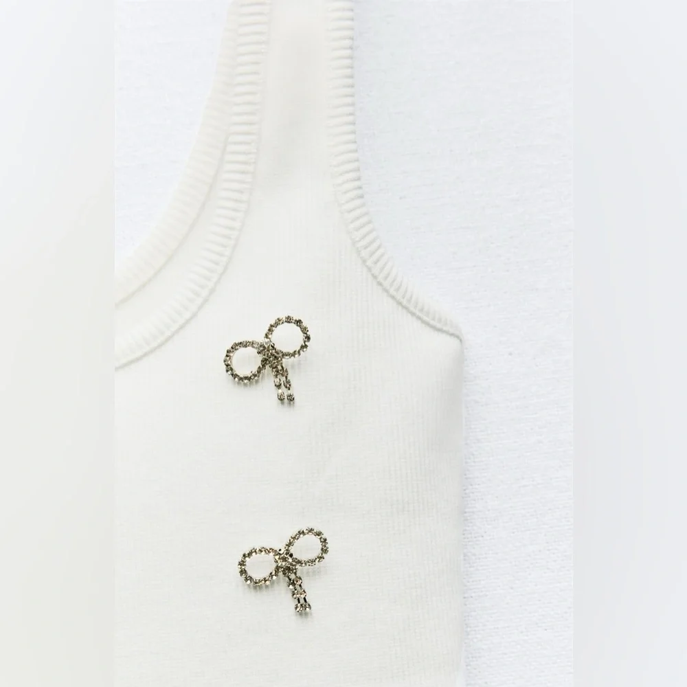 NWT ZARA Ribbed Tank With Rhinestone Bows - Picture 5 of 12